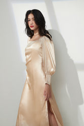 Silk Maxi Dress with Square Neckline, Puff Sleeves and Side Slit for Elegant Evening Styling